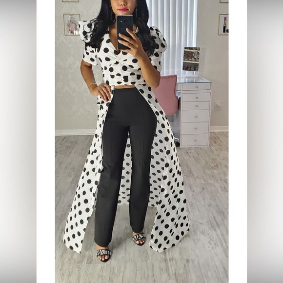 black and white polka dot puff sleeve wrap long blouse Size XS - Picture 4 of 11